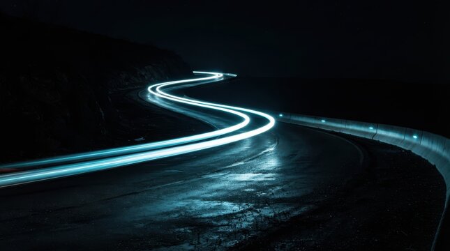 Long exposure light trails on a winding coastal road at night