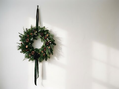 Evergreen Christmas wreath with pinecones and ribbon hanging on a white wall during winter solstice