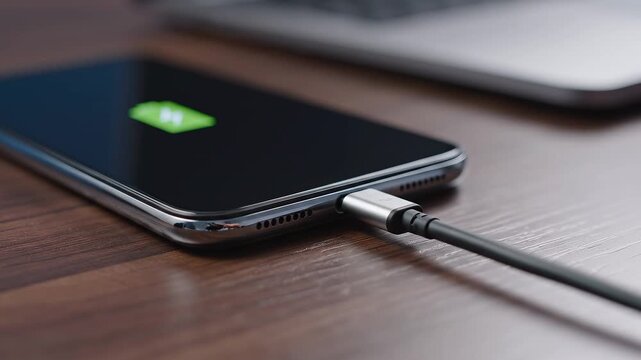 Close-up of a hand plugging a charging cable into a smartphone as a green battery icon appears on the screen, illustrating mobile power and recharging.