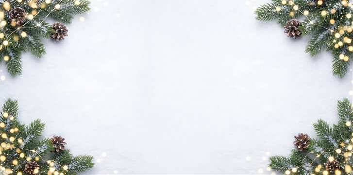 Soft white snowy background with pine branches entering only from the corners, scattered natural pine cones and delicate warm fairy-light bokeh, broad untouched central area for a winter marketing