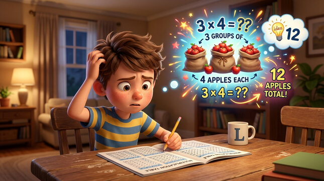 Little Boy Confused While Learning Multiplication with Visual Apple Illustration for Elementary Education Concept