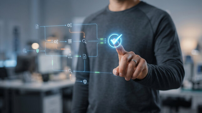 Man touching virtual interface with glowing checkmark icon representing system automation and digital security verification