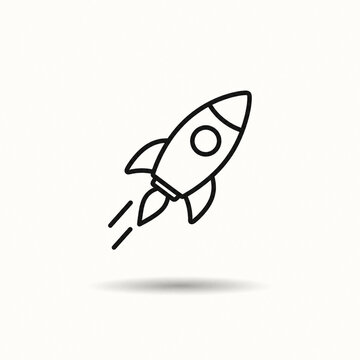 Minimal black line art rocket launching above a soft shadow on an off white background