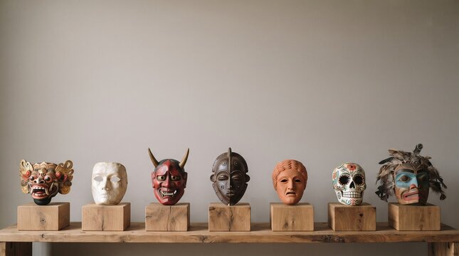 Collection of diverse cultural masks displayed on wooden stands