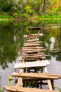 Old wooden pier collapses into a calm forest pond with weathered planks reflecting in still green water surrounded by dense summer woodland.