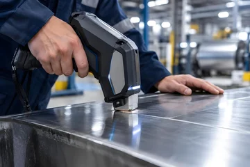 Handheld Device Scanning Metal Surface in Industrial Workshop © Aodsy