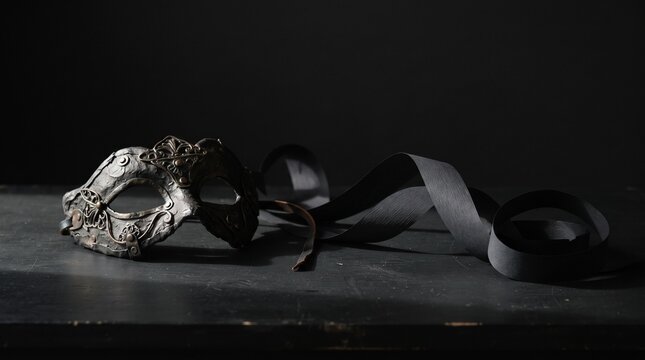 Ornate masquerade mask with flowing black ribbon on dark surface