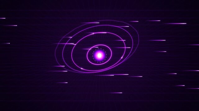 Futuristic purple space orbit graphic with glowing particle trails flying across grid background