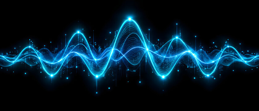 A vibrant glowing blue digital sound wave waveform, representing audio frequency and data visualization in a futuristic tech style.