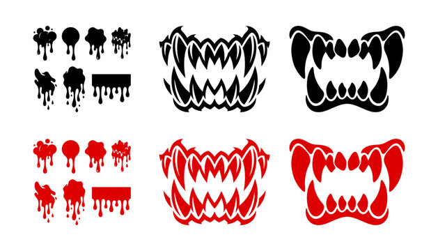 Monster fangs vector graphic element set featuring sharp creature teeth, jaws, and dripping blood splatters.