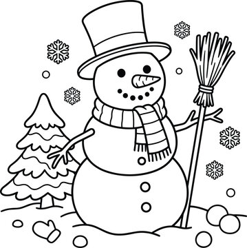 Traditional snowman with a top hat holding a broom winter coloring page for kids activity