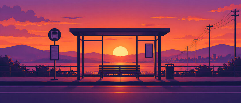 A flat illustration of an empty bus stop at sunset, with sun setting over distant mountains and calm water.
