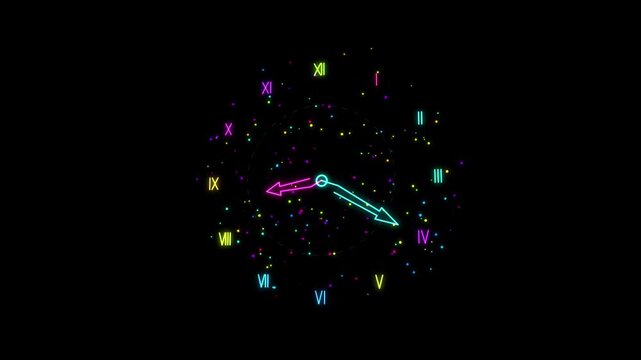 Neon Roman Numeral Clock Animation With Glowing Colorful Particle Effects On A Deep Black Backdrop