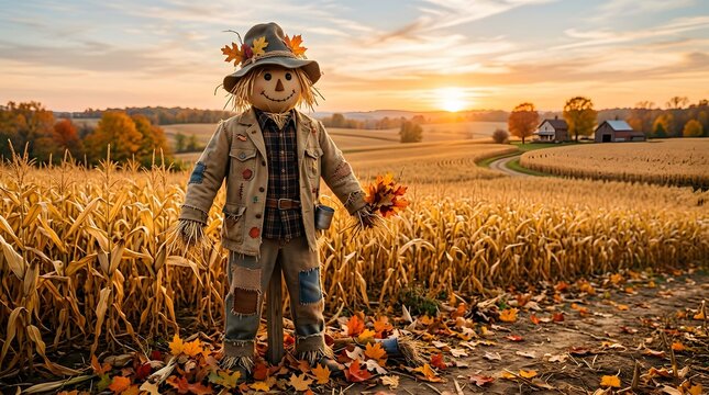 Autumn scarecrow standing in cornfield at sunset for halloween harvest season