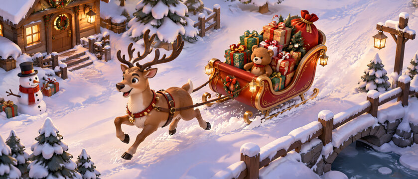 A cheerful reindeer pulls a gift-filled festive sleigh across a snowy winter landscape near a decorated cabin.