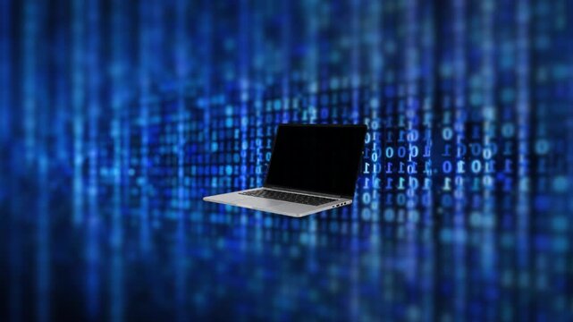 Laptop animating from blue binary background