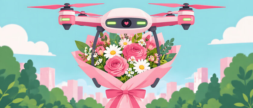 A pink quadcopter drone carrying a wrapped flower bouquet flies over a city park under a light blue sky.
