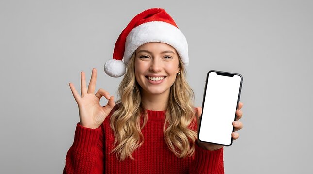 Happy girl wearing santa hat showing smartphone screen