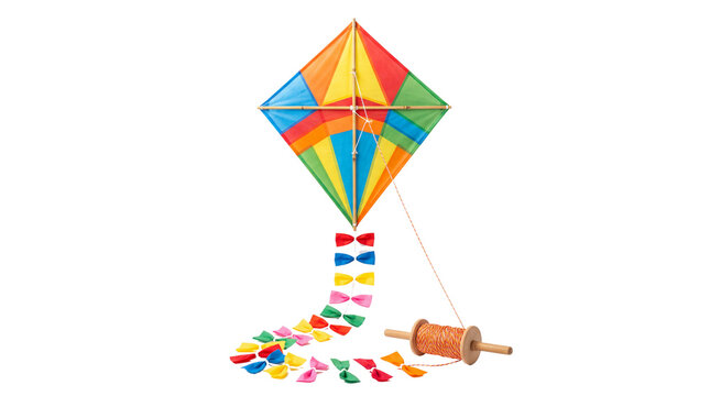 Colorful diamond kite with long bow tail and wooden string spool, vibrant rainbow flying toy for outdoor summer recreation, classic paper kite isolated PNG with Transparent Background