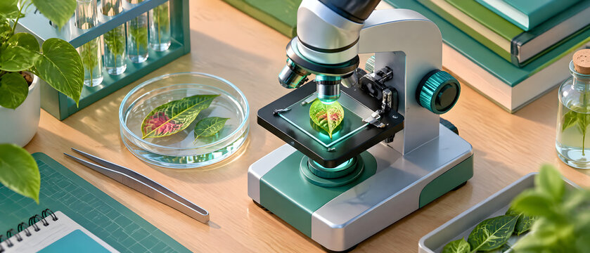 Laboratory scene showing a microscope examining a plant leaf, with related botanical research tools and samples arranged on a wooden table.