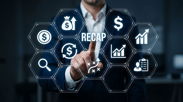 Businessman touching recap holographic screen financial data analytics interface