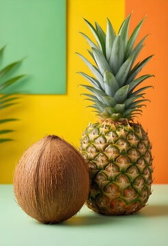 Tropical vacation and summer travel concept, fresh pineapple and coconut fruit on a colorful background for healthy nutrition and exotic food lifestyle