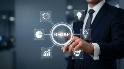 Obraz premium Businessman interacting with digital recap interface and business icons in office