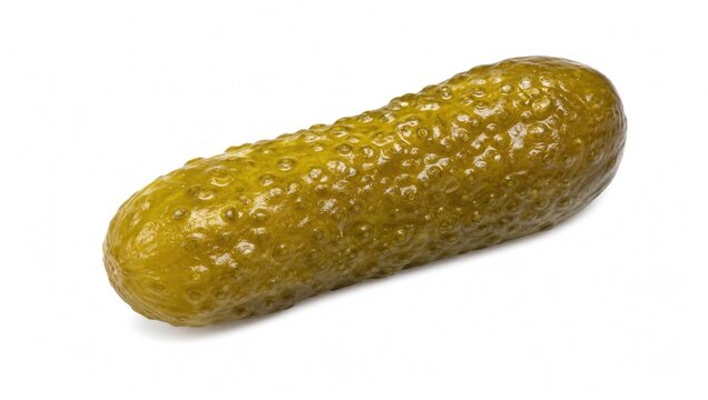Single green dill pickle with bumpy texture and olive color on isolated white background for food.