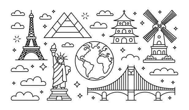 World travel landmarks and globe icon set