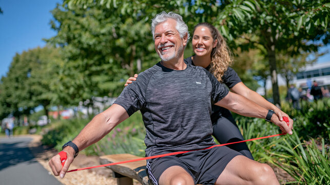 Bright realistic senior fitness scene in a leafy outdoor park, cropped waist-level view of an elderly man performing a controlled resistance band stretch with a red elastic band, supportive woman gu