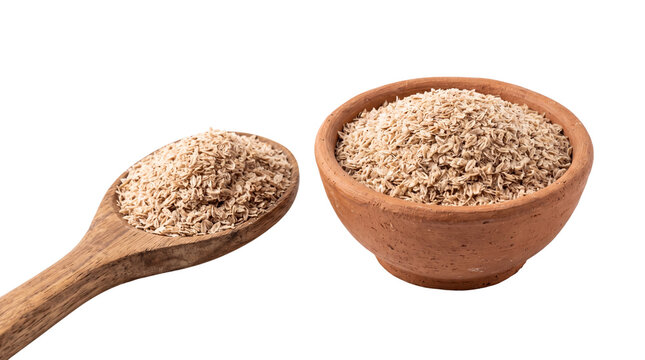 Organic psyllium husk in a rustic clay bowl and wooden spoon, natural dietary fiber supplement, healthy plantago ovata seed husks for digestion isolated PNG with Transparent Background