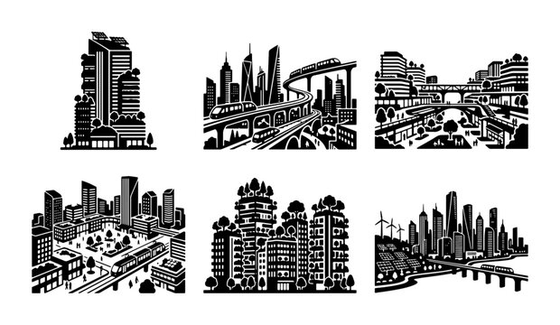 Modern Cityscape Vector Icons, Urban Skyline Silhouettes, Futuristic Architecture Graphics, Business District Illustrations