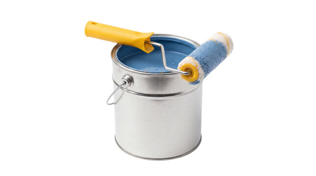 Blue paint in metal bucket with roller brush, home renovation supplies for interior design, professional painting tools and equipment isolated PNG with Transparent Background