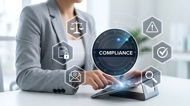 Professional woman using tablet with compliance and regulatory data graphics