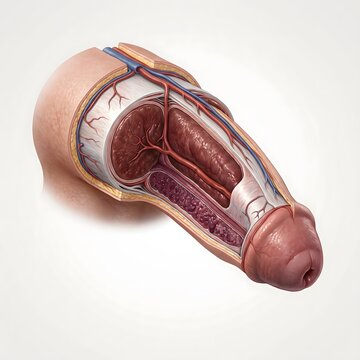 3D anatomical section illustration of human penis showing internal structure erect tissue and vasculature