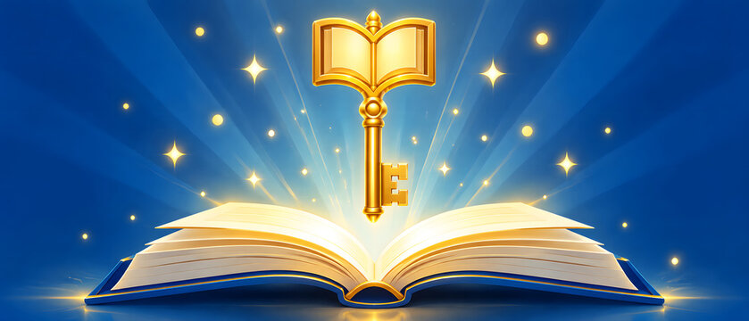 A golden key shaped like an open book emerges from an open book, surrounded by sparkling light effects on a blue background, representing knowledge and learning.