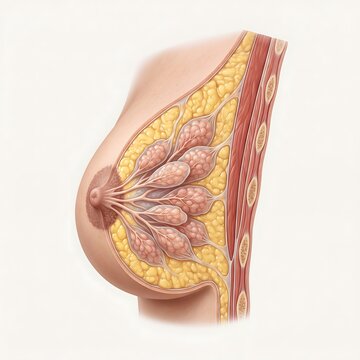 3D cross section anatomical rendering of female breast showing mammary glands lactiferous ducts and fat