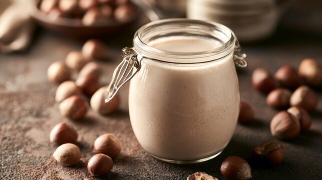 Creamy hazelnut milk in jar rests on tabletop