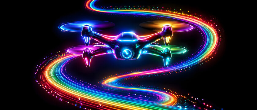 A neon-lit quadcopter drone flies, leaving vibrant multicolored light trails against a dark background, showcasing futuristic tech design.