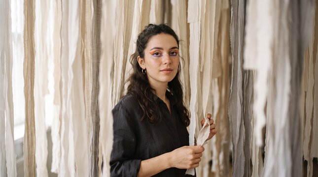 Young woman with artistic makeup and dark shirt stands behind fabric strips