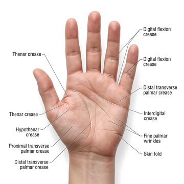 Palmar hand anatomy infographic showing thenar hypothenar and transverse creases