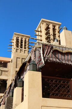 Dubai traditional Arab architecture street view. Dubai city, United Arab Emirates.