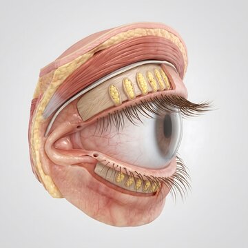 3D cross section of human eyelid showing meibomian glands tarsal plate and eyelashes