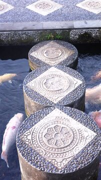 Koi fish circle mosaic stepping stones in pond water, drifting past carved tops with calm ripples. Sunlit garden water feature feels serene as colorful fish glide around stone posts.