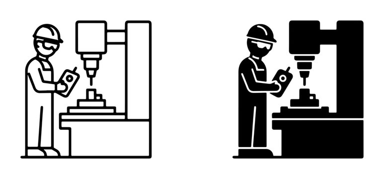 Manufacturing worker operating milling machine, industrial production, factory worker icon set, precision engineering, skilled labor, mechanical industry