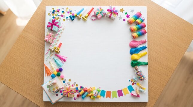 Festive party supplies arranged in a border on a white surface