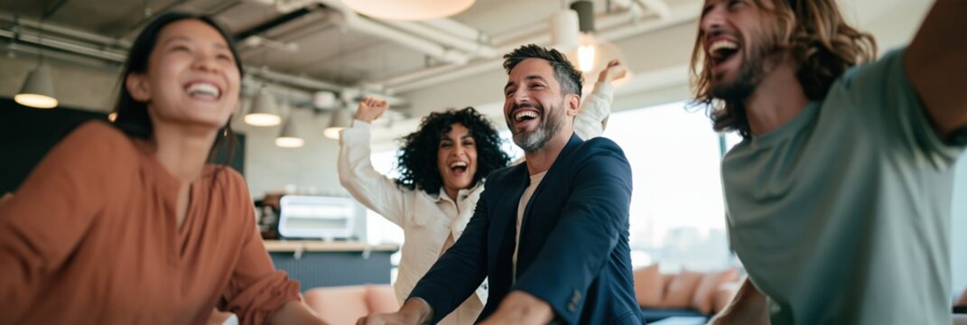 Energetic diverse team cheering together in open office for business banner background poster celebrating teamwork and achievement