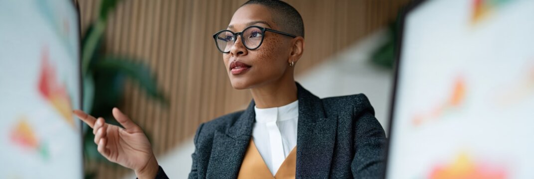 Confident businesswoman giving a presentation in a modern office boardroom for corporate slide deck background and professional banner design