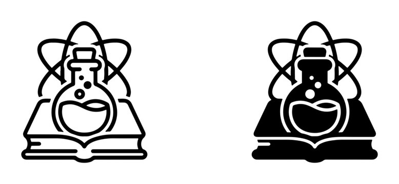 Science Icons, Chemistry Flask and Atom Symbol on Open Book, Educational Research and Discovery Vector Graphics