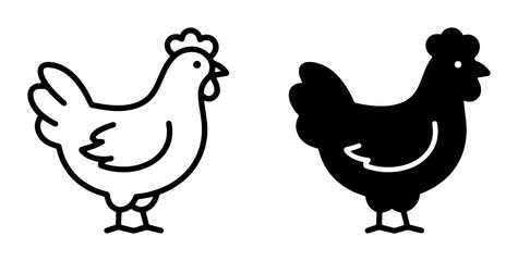 Fototapeta premium Chicken Icons: Simple Outline and Solid Silhouette Vector Graphics for Farm and Food Concepts, Poultry and Agriculture Design Elements
